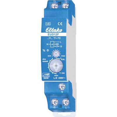 Dimmer elettronico Eltako EUD12F, colore blu, controllabile con manopola per la regolazione dell'intensità luminosa da min a max, tensione di esercizio 230V.