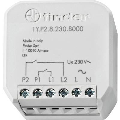 Relè elettrico bianco 'Finder 1Y.P2.8.230.B000' con morsetti P1, P2, L1, L2, L, N, progettato per 230V.