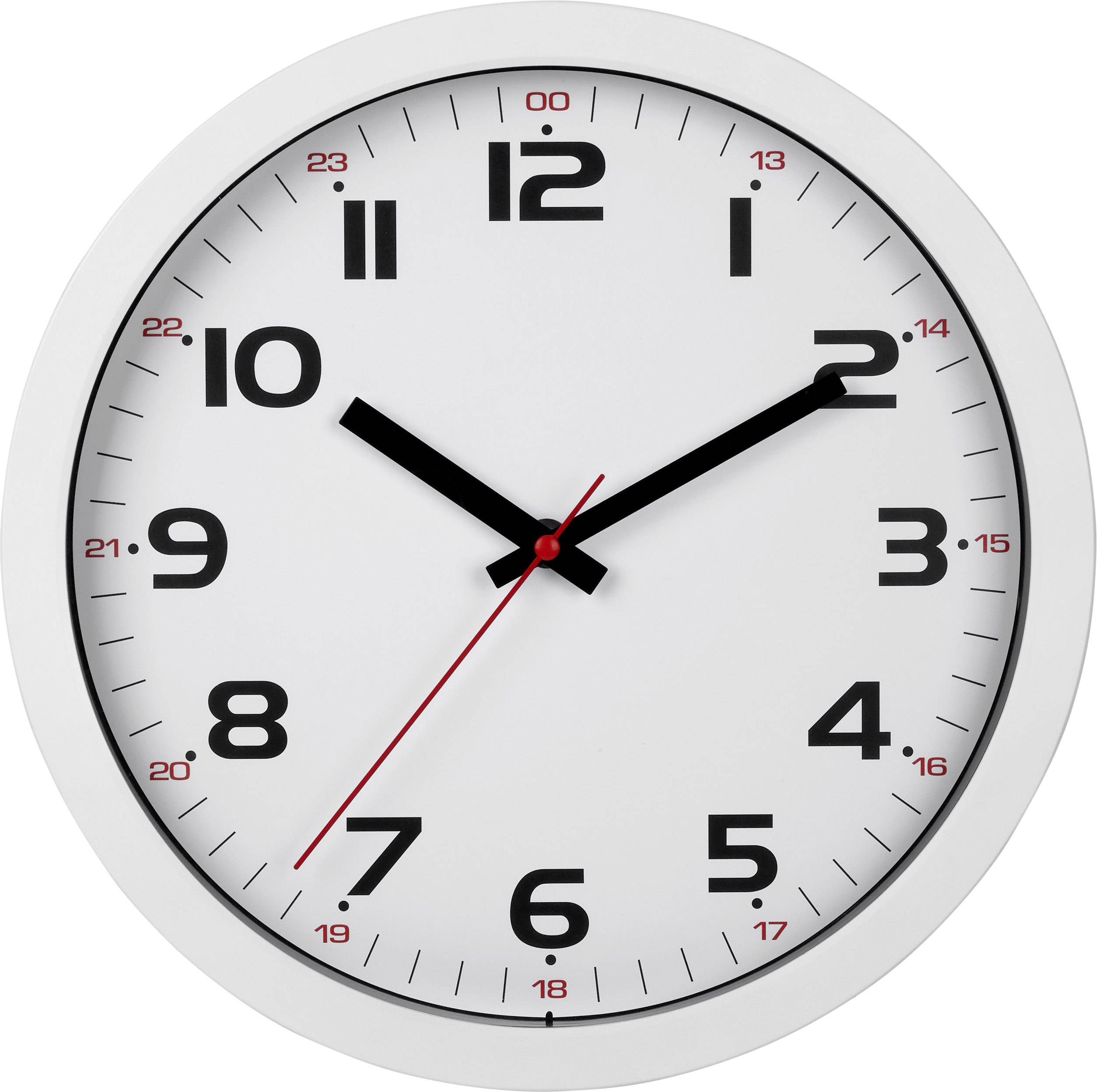 Un orologio analogico da parete mostra l'ora 10:10 con grandi cifre nere su un quadrante bianco e un lancetta dei secondi rossa.