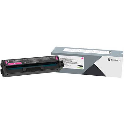 Un toner Lexmark color magenta con la confezione. La scatola mostra il logo Lexmark e le informazioni sul prodotto.
