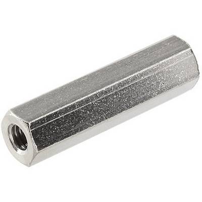 Distanziale esagonale metallico con filettatura interna, colore argento, per un fissaggio sicuro di componenti con spaziatura.
