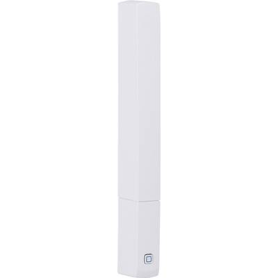 Un sensore o dispositivo bianco, rettangolare e verticale con un piccolo elemento luminoso blu quadrato sul bordo inferiore.