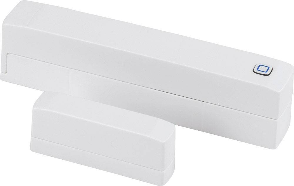 Un sensore magnetico bianco per porte o finestre, di forma rettangolare, ideale per sistemi di sicurezza e allarme in ambienti interni.