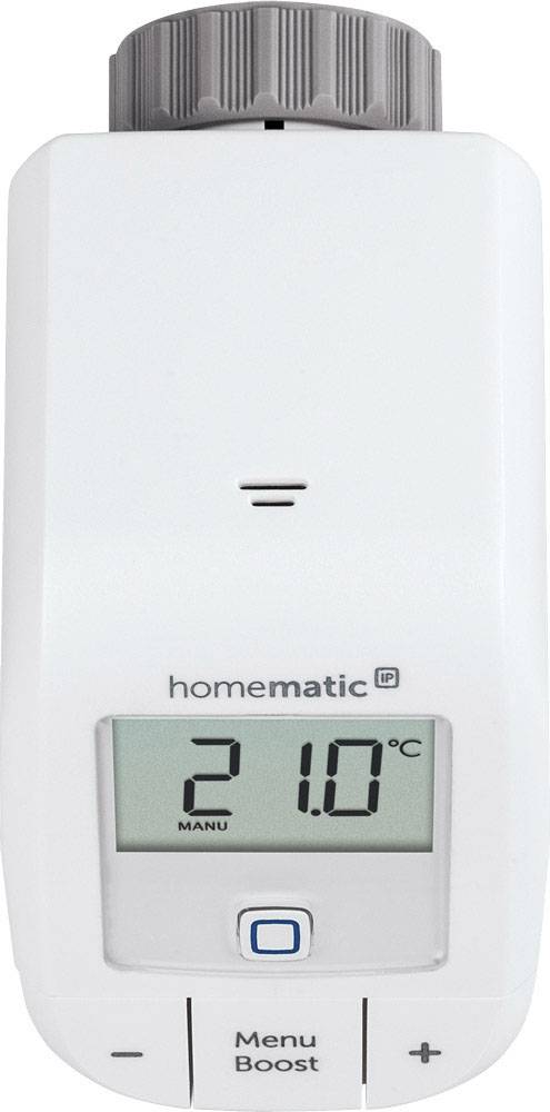 Termostato digitale con display, che mostra '21,0°C'. Pulsanti per menu e impostazione temperatura in basso.