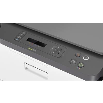 Pannello di controllo della stampante con display e tasti, tra cui funzioni di accensione/spegnimento, stop, avvio e copia. Gli indicatori LED si illuminano di verde.