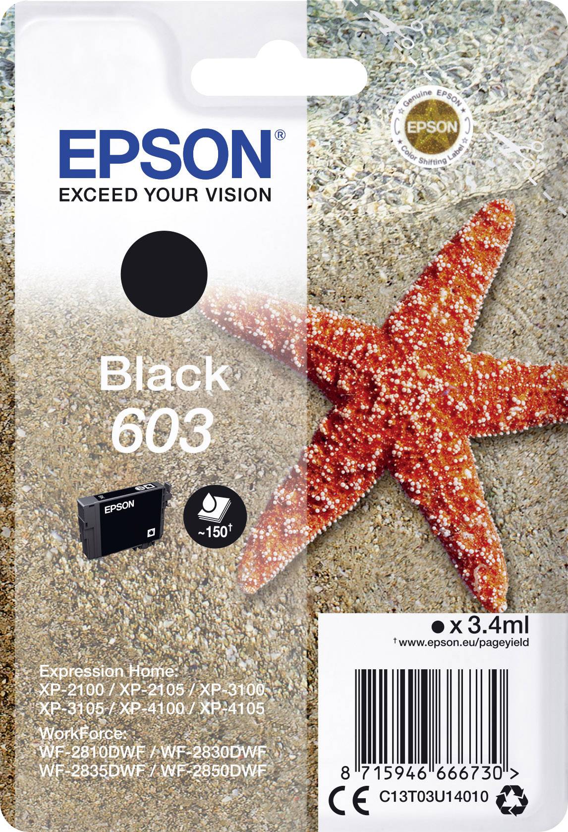 'Cartuccia d'inchiostro Epson 603 Nero, compatibile con i modelli di stampanti XP-2100 fino a XP-4100 e WF-2810 fino a WF-2850. Contenuto: 3,4 ml.'