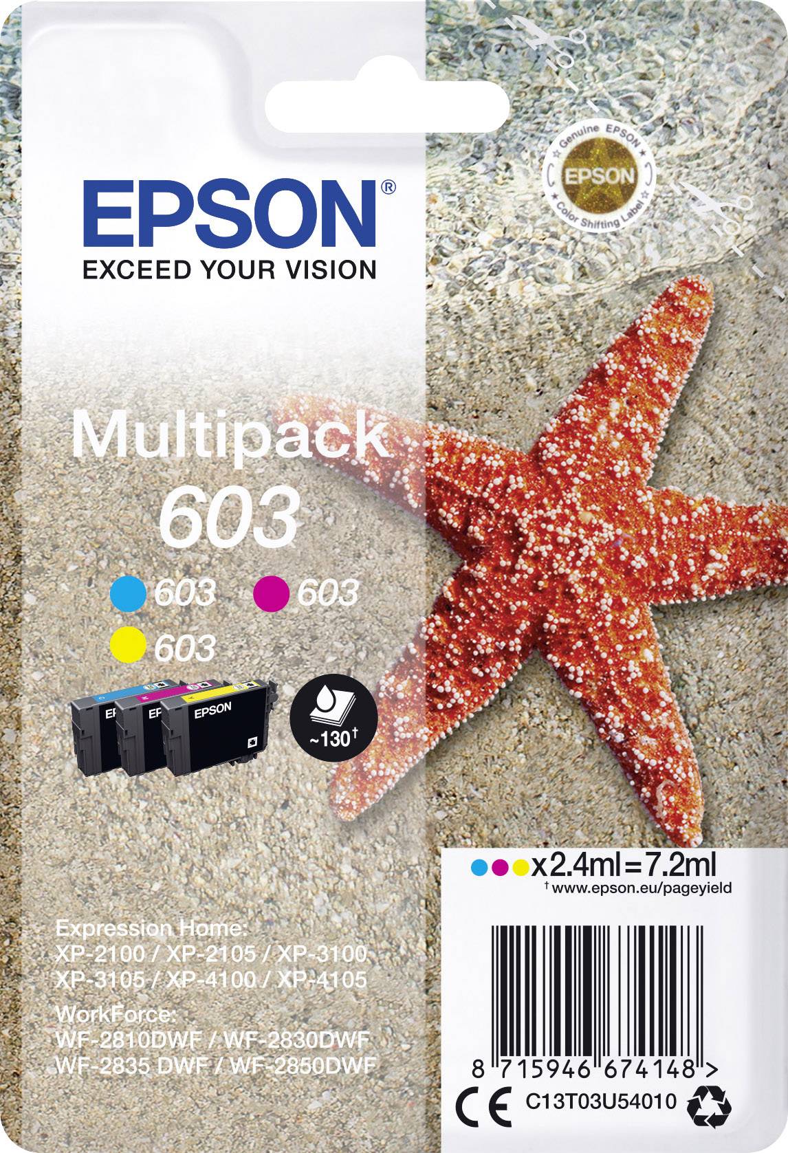 Confezione di un multipack di inchiostri Epson 603 con sfondo a stella marina. Contiene Nero, Ciano, Magenta e Giallo. Numero modello: C13T03U54010.