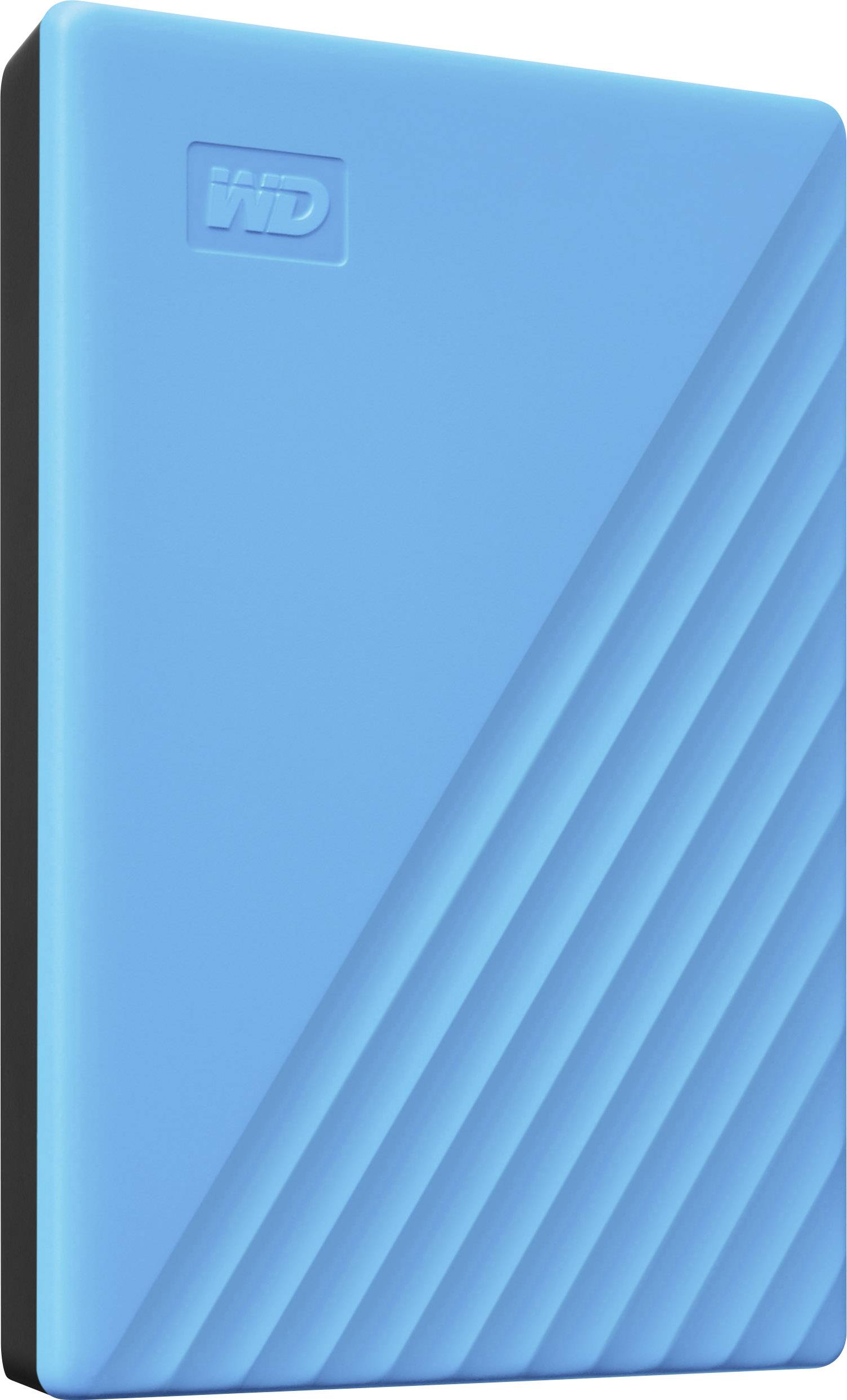 Hard disk esterno blu con logo impresso e strisce diagonali.