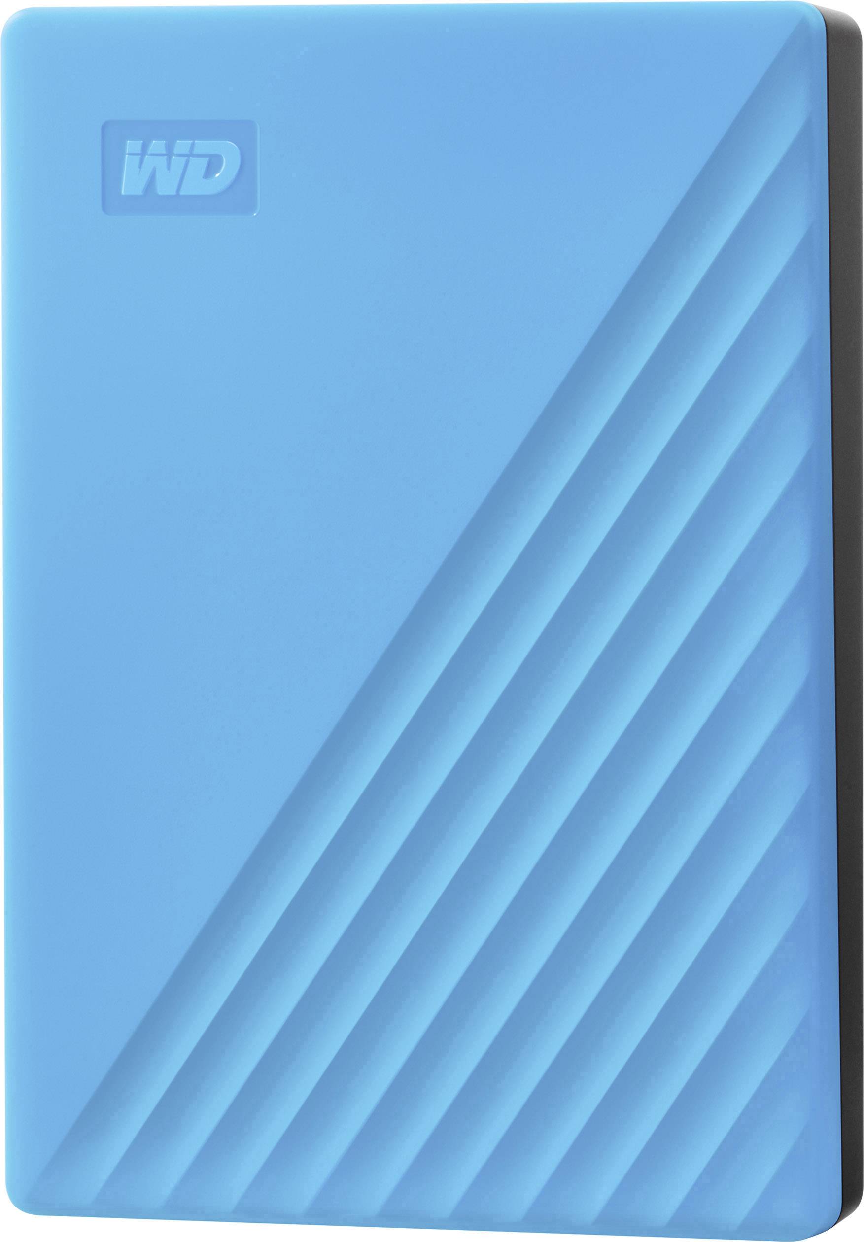 Un hard disk esterno blu con strisce diagonali e un piccolo logo 'WD' nell'angolo in alto a sinistra.