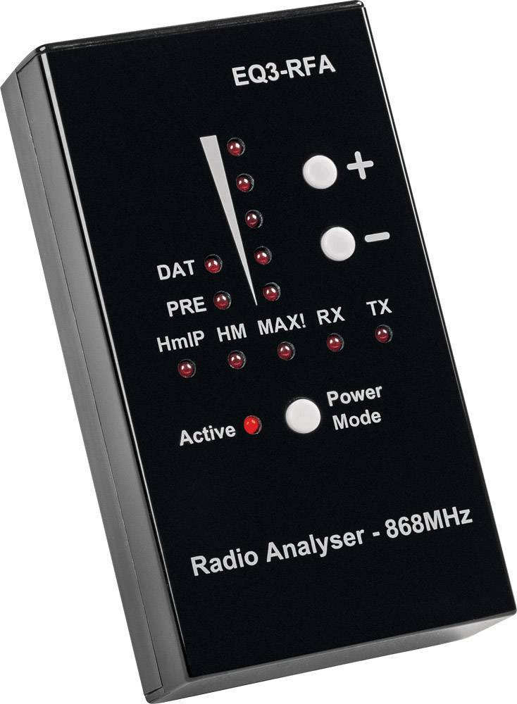 Un dispositivo di analisi radio nero con tasti per Plus, Minus, Modalità e Accensione. Indicatori LED per 'DAT', 'PRE', 'HmlP', 'HM', 'MAX!', 'RX', 'TX'. Frequenza: 868 MHz.