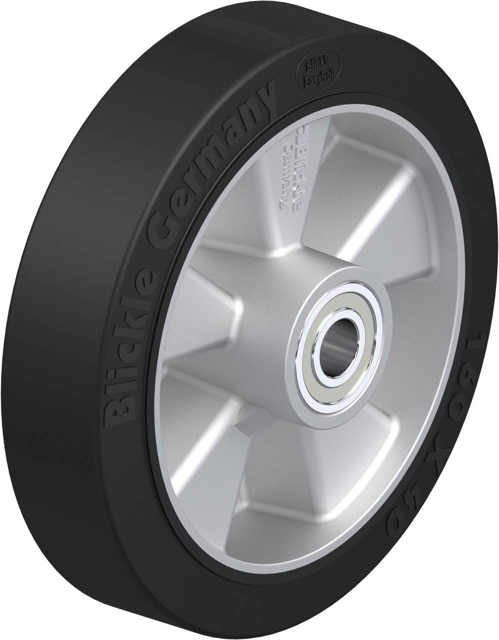Ruota nera con cerchio argentato, con scritta 'Blickle Germany' visibile sul lato. Design del prodotto per applicazioni industriali.