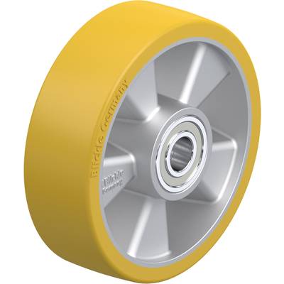 Ruota gialla in plastica con nucleo metallico e cuscinetti a sfera, adatta per applicazioni industriali.