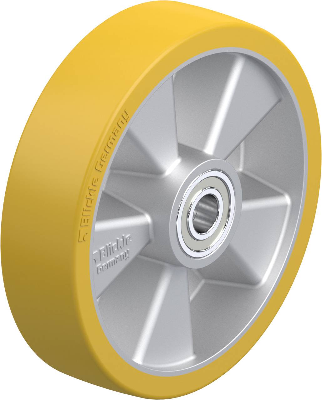 Ruota gialla con cerchio grigio e cuscinetto a sfera, idonea per applicazioni industriali, offre prestazioni robuste e durature.