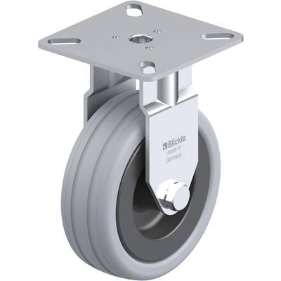 Ruota metallica con rotella grigia e supporto. Scritta 'Blickle made in Germany' sul lato della ruota, adatta per applicazioni industriali.