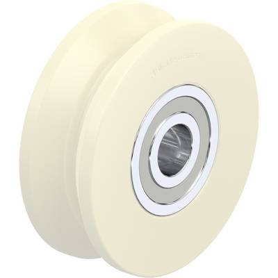 Rullo a doppia flangia con cuscinetto a sfera, color crema, adatto per sistemi di porte scorrevoli; mostra i dettagli del cuscinetto e della costruzione.