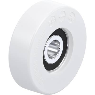 Ruota in plastica bianca con cuscinetto a sfera metallico integrato, adatta per applicazioni di trasporto leggero. Etichettatura: 'PA6' e 'TPU'.