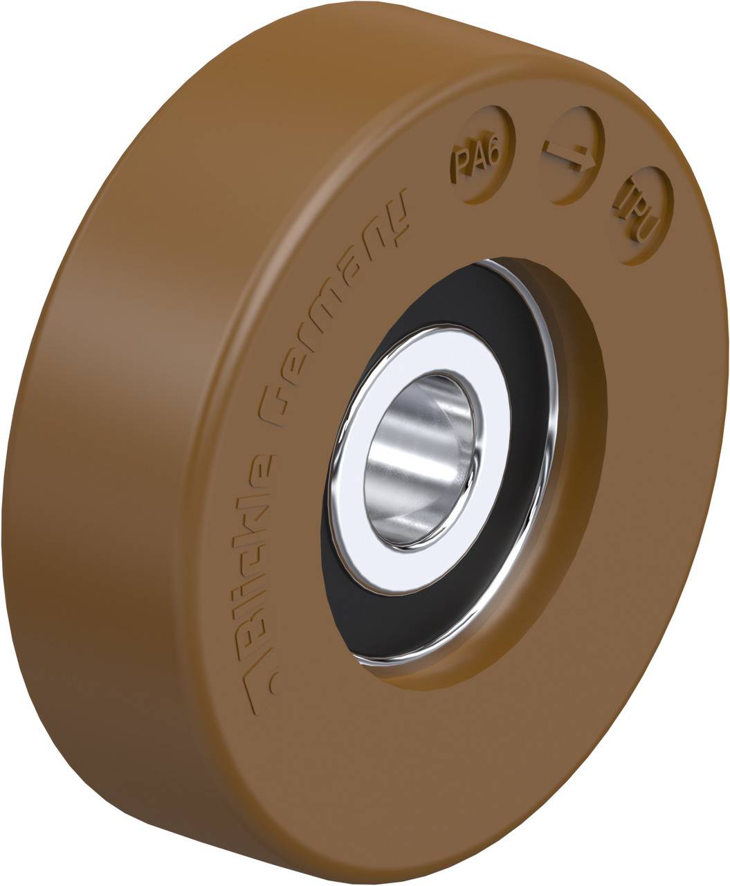 Cuscinetto a sfera 'Abec' con rivestimento in plastica marrone. Iscrizione: 'PA6', 'TPU', 'Blume Germany'.