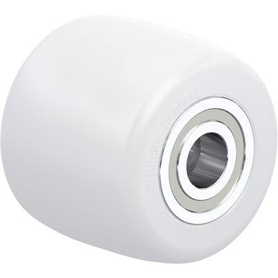 Ruota bianca in plastica con cuscinetto a sfera metallico integrato, forma cilindrica e superficie liscia.