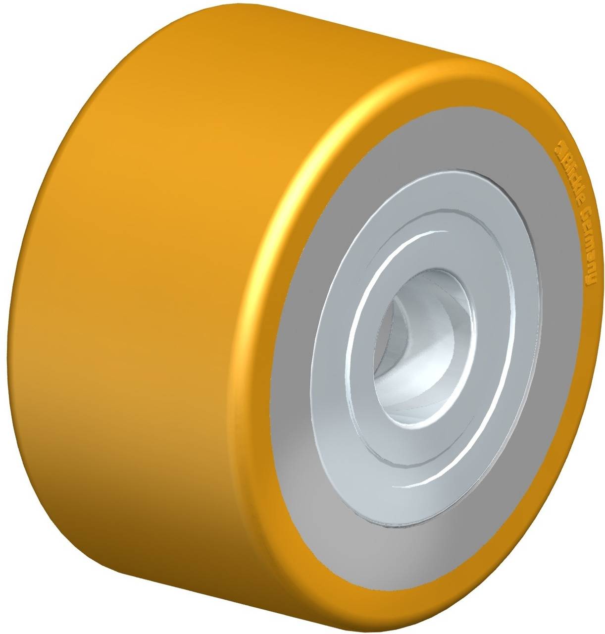 Rullo di uretano giallo con cuscinetto interno argentato, su sfondo bianco.