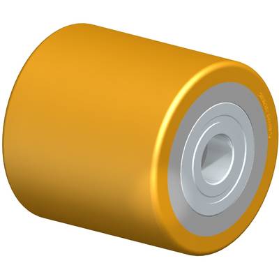 Un rullo giallo con un nucleo interno grigio, spesso utilizzato come pezzo di ricambio per nastri trasportatori o macchine simili.