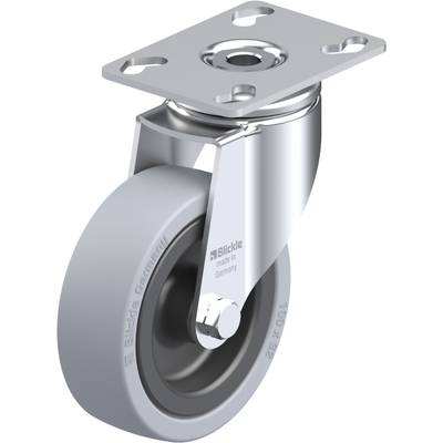 Ruota d'argento con mozzo grigio su supporto metallico. Adatta per mobili o dispositivi di trasporto, prodotta da un produttore tedesco.