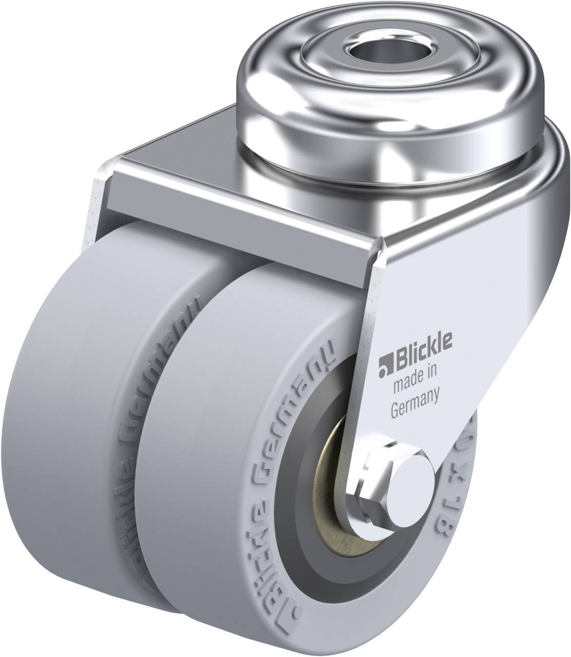 Due rulli grigi in un involucro metallico con la scritta 'Blickle made in Germany'.