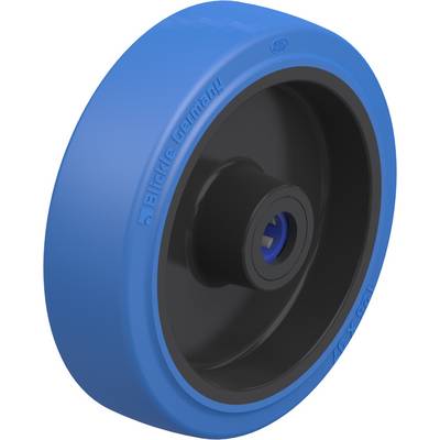 Una ruota blu con profilo liscio, cerchio nero e un'apertura centrale dell'asse, adatta per l'uso industriale.
