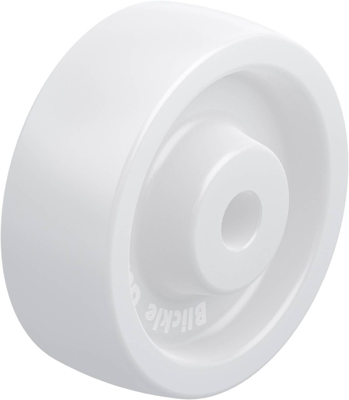 Una ruota di plastica bianca, rotonda, con un foro centrale.
