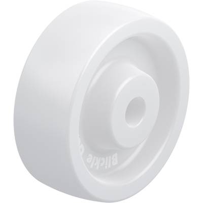 Una ruota di plastica bianca, rotonda, con un foro centrale.