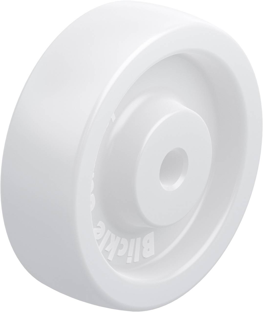 Una ruota bianca in plastica con superficie liscia e un foro centrale per il fissaggio, probabilmente per mobili o dispositivi.