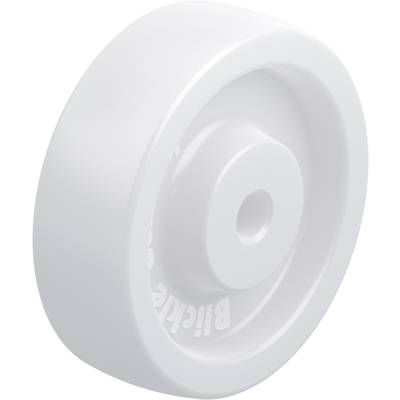 Una ruota bianca in plastica con superficie liscia e un foro centrale per il fissaggio, probabilmente per mobili o dispositivi.