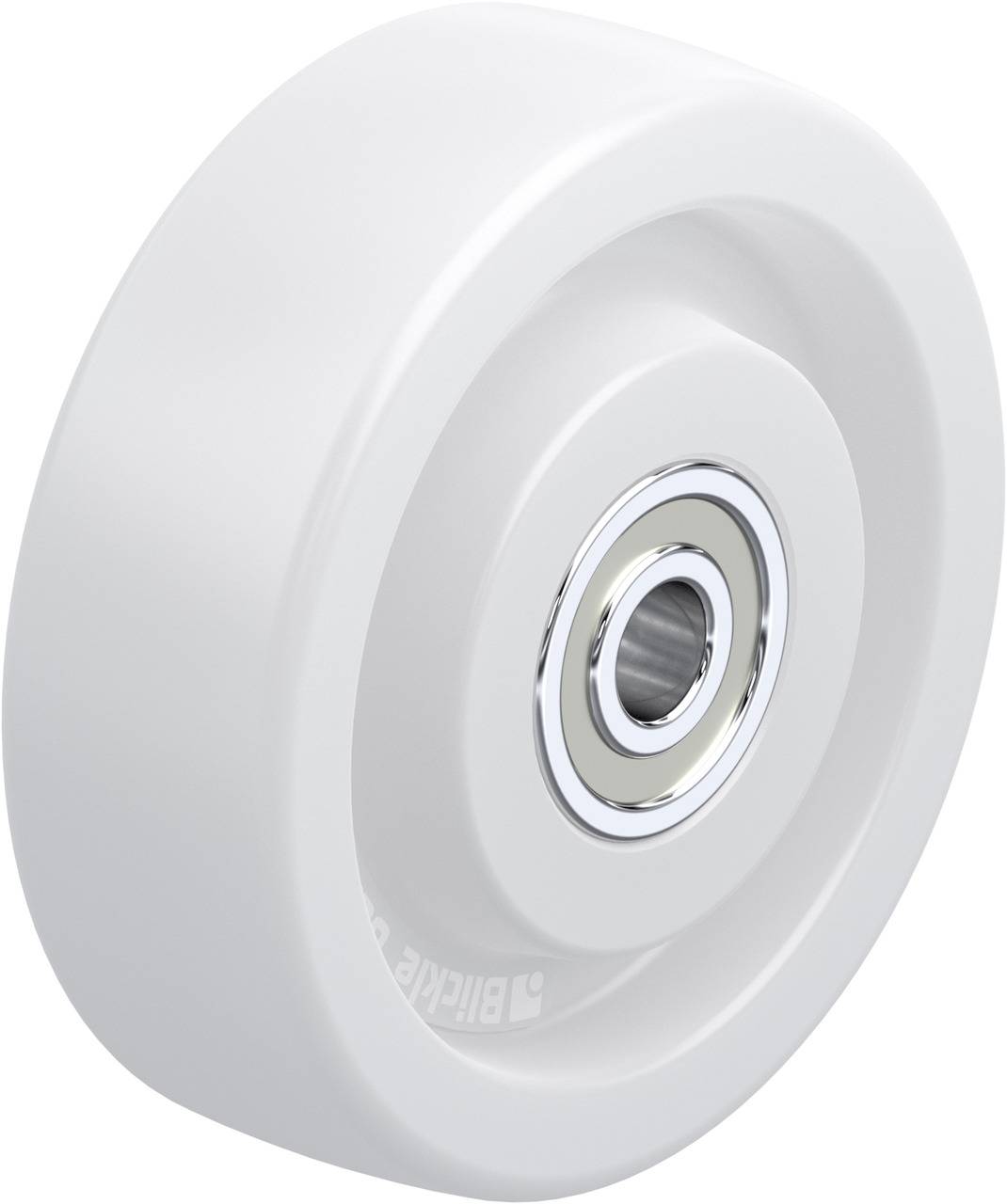 Una ruota bianca in plastica con cuscinetto a sfera integrato, adatta per mobili o dispositivi. Il design è semplice e funzionale.