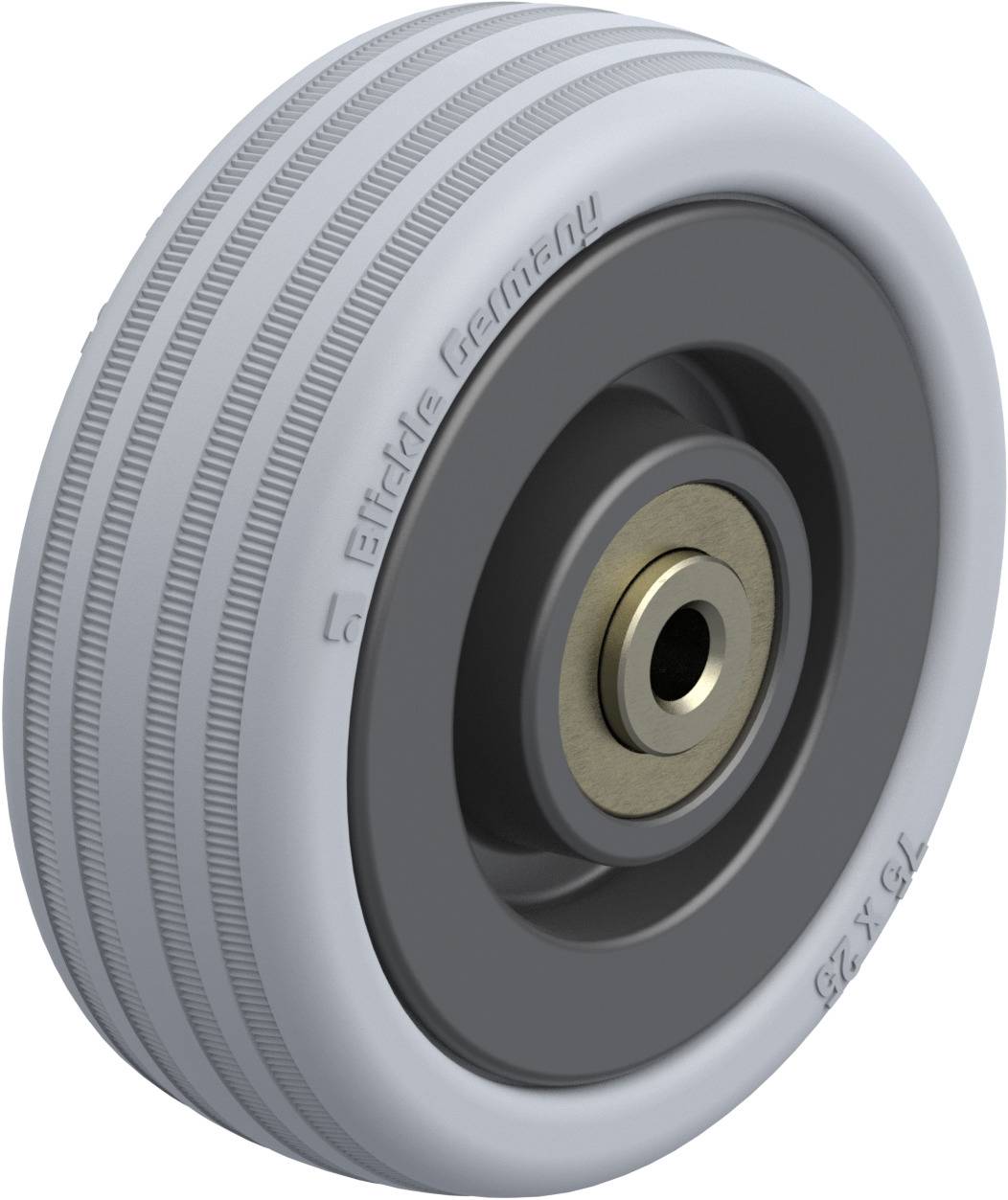 Ruota in plastica grigia con pneumatico bianco in gomma e parte centrale in metallo, adatta per diversi dispositivi di trasporto e mobili.