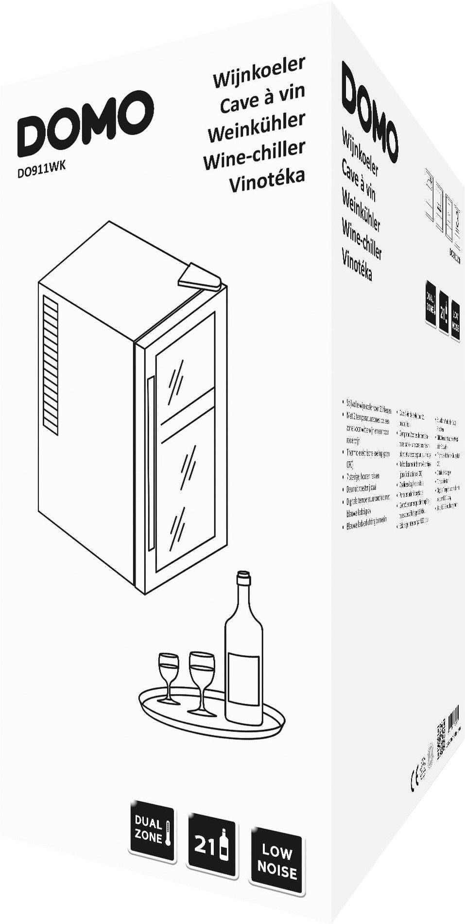 Un imballaggio per un raffreddatore di vino DOMO, modello DO911WK. Sono raffigurati l'apparecchio, testo in più lingue e simboli per 'Doppia Zona' e 'Funzionamento Silenzioso'.