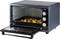 Forno elettrico da tavolo con porta aperta, mostra una teglia con mini pizze. Tre manopole di controllo sul lato destro.