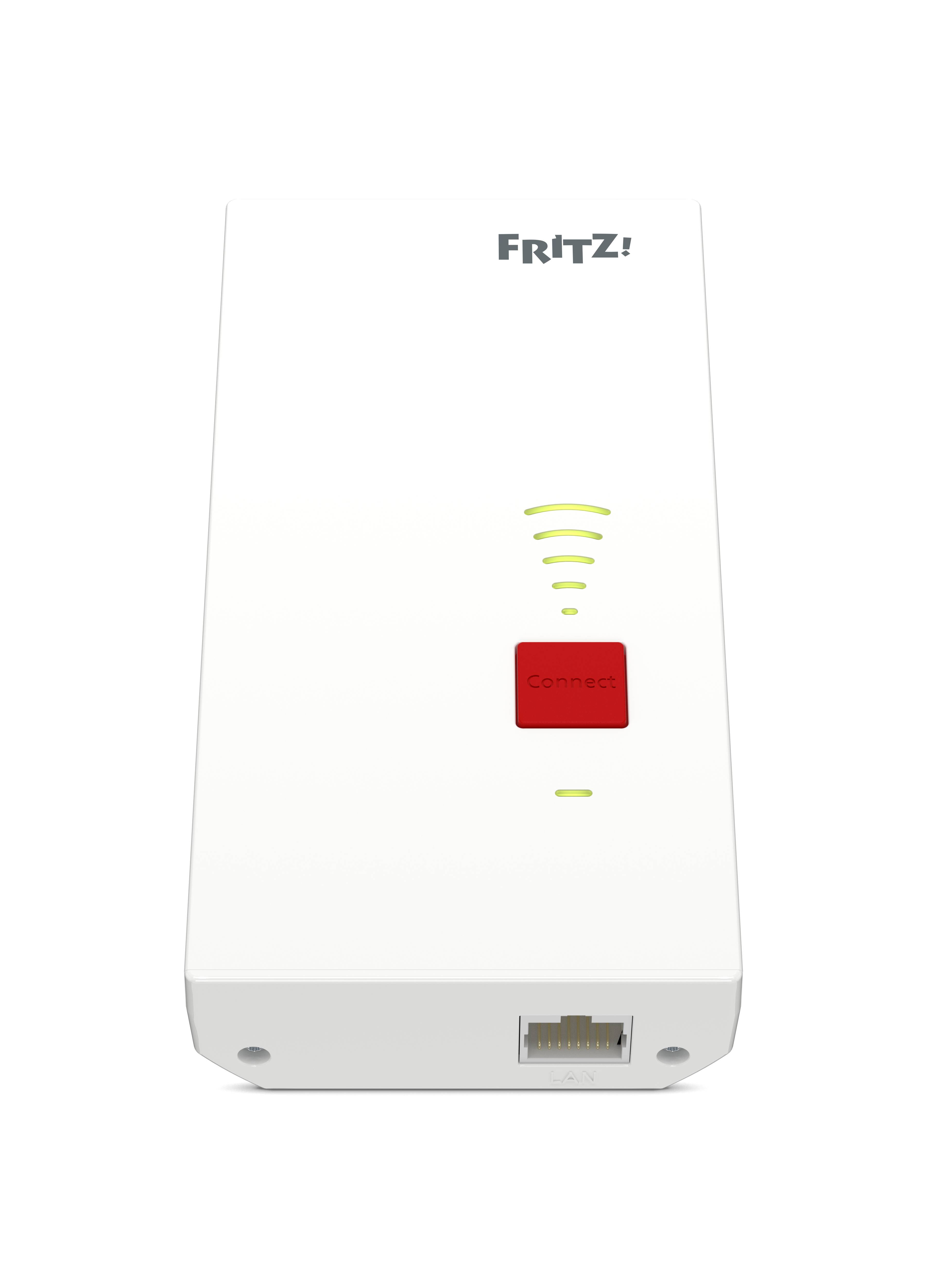 Confezione di un FRITZ!Repeater 2400. Mostra l'immagine del dispositivo, il logo WLAN-Mesh, un'indicazione di facile utilizzo e la compatibilità WLAN AC + N.