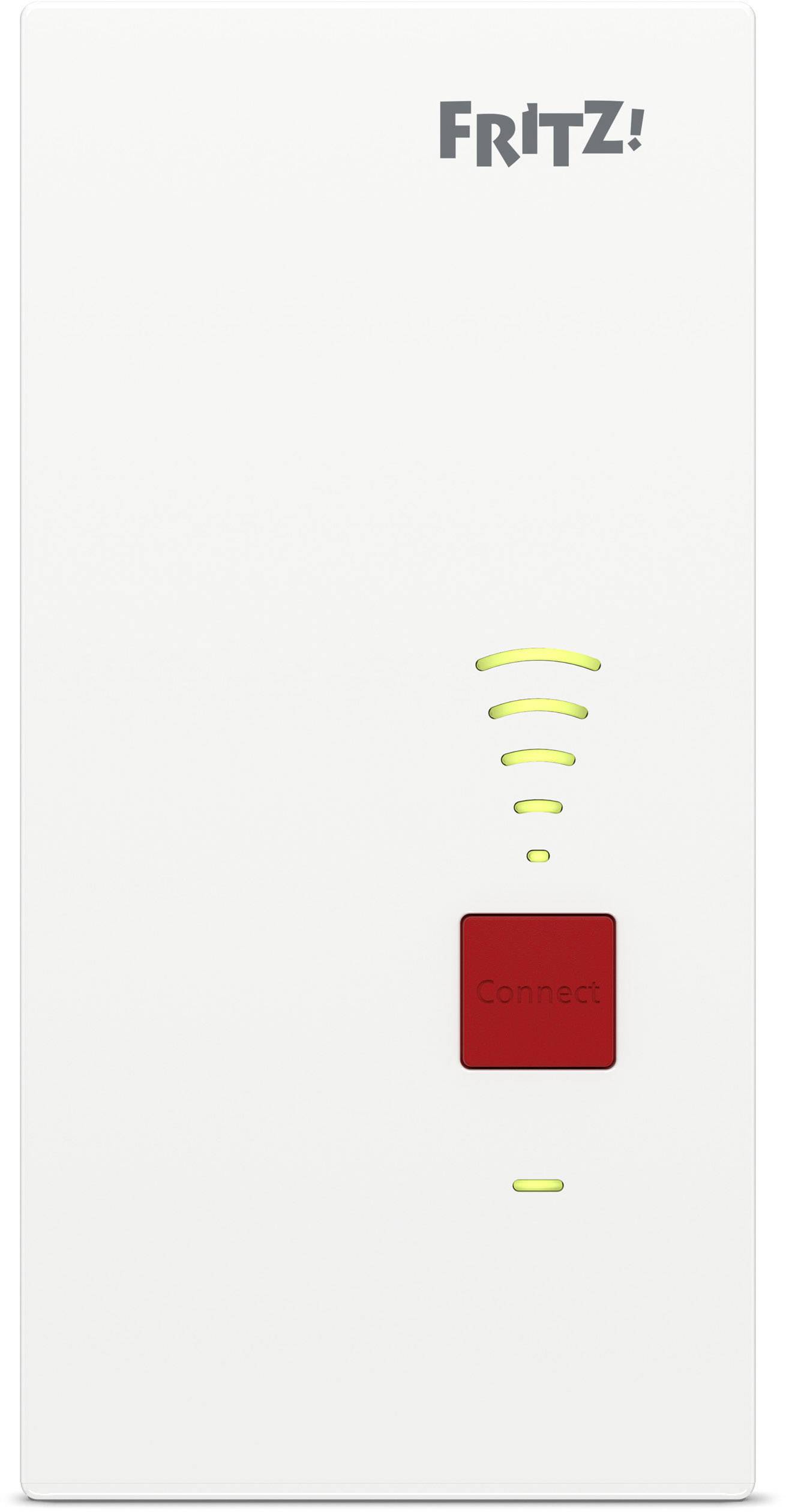 Un ripetitore Wi-Fi bianco con logo 'FRITZ!', un pulsante rosso 'Connect' e cinque barre di intensità del segnale illuminate.