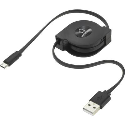 Un cavo USB nero e retrattile con connettore micro-USB e un connettore USB standard sull'altro lato, prodotto da Renkforce.