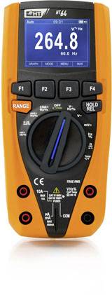 Multimetro digitale con custodia arancione e nera che indica 264,8 V. Dotato di comandi per diverse funzioni di misurazione.