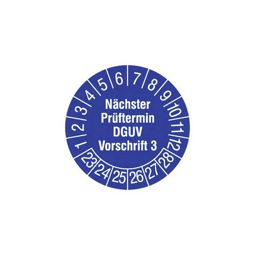 Adesivo blu di verifica con la scritta 'Prossima data di ispezione DGUV Prescrizione 3'. Numeri da 1 a 31 disposti in cerchio.