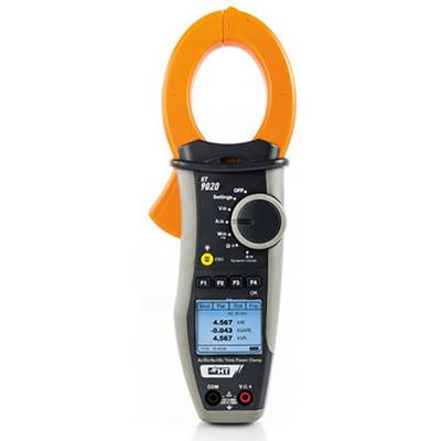 Multimetro digitale a pinza con display LCD e pinze arancioni, per la misurazione di parametri elettrici come tensione e corrente.