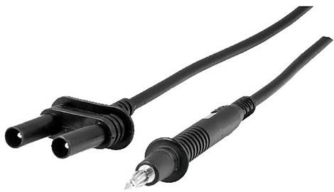 Un cavo di rete nero con una spina bipolare e un connettore utilizzato per il collegamento a dispositivi elettronici.