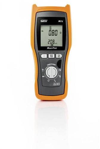 Tester multifunzione arancione con display digitale che mostra i valori misurati. Dispositivo per prove elettriche con tasti e manopola di regolazione.