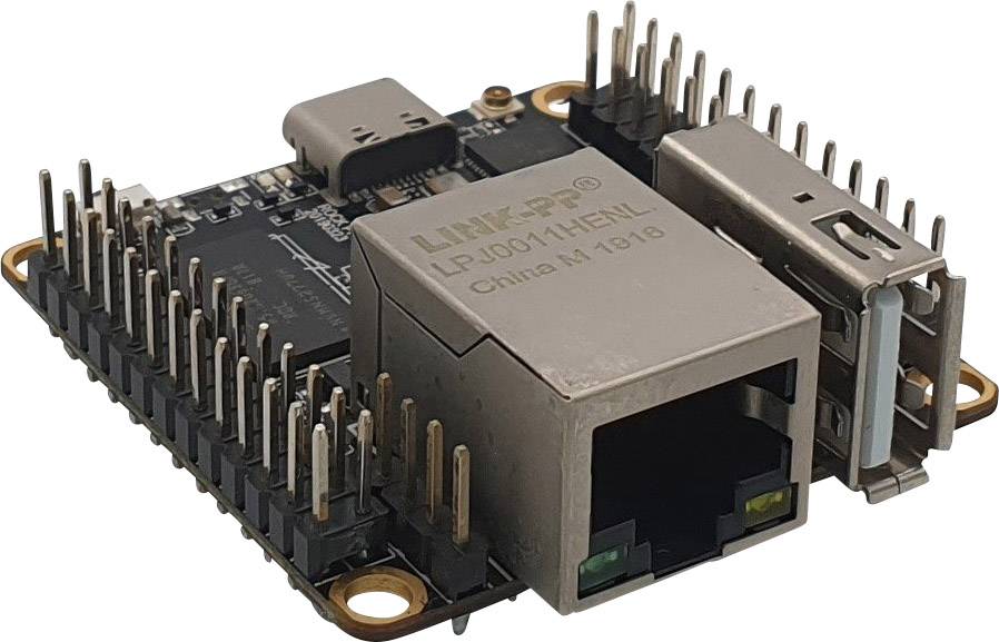 Scheda elettronica con numerose barre di pin, una porta USB e un connettore di rete. Principalmente per applicazioni tecniche.