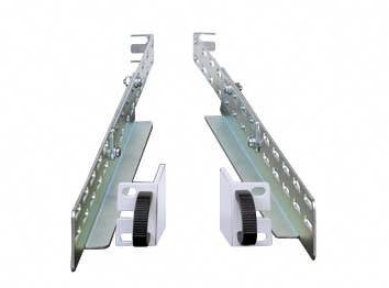 Due guide metalliche per cassetti con supporti in plastica bianca e maniglie nere, disposte orizzontalmente.