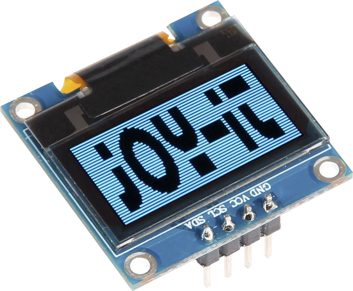 Un piccolo display OLED blu con lettere nere mostra la parola 'joy-it'. Sotto sono presenti i pin per GND, VCC, SCL e SDA.