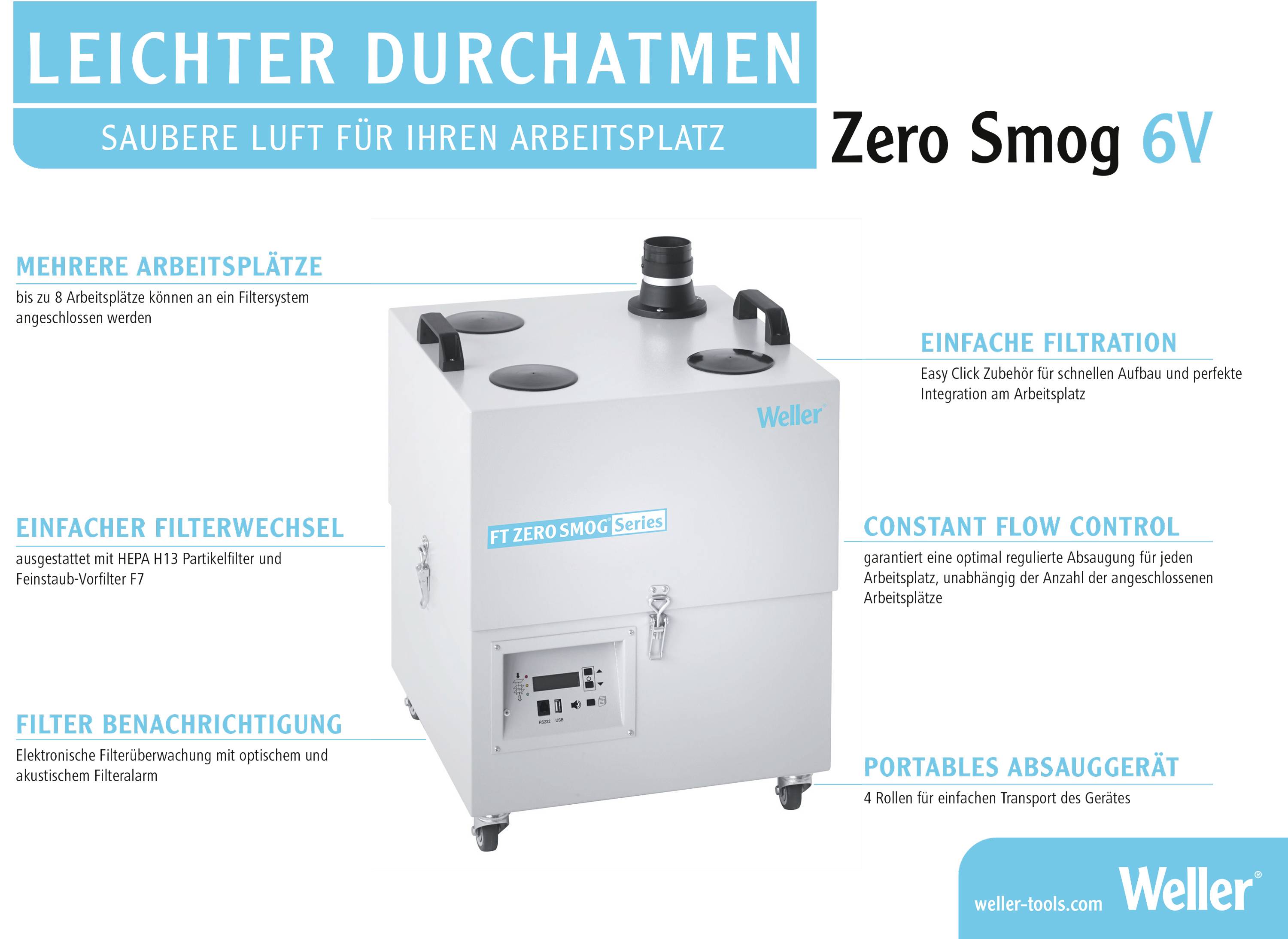 'Respirare più facilmente. Aria pulita per il tuo posto di lavoro. Weller Zero Smog 6V: Più postazioni di lavoro, filtrazione semplice, utilizzo mobile.'