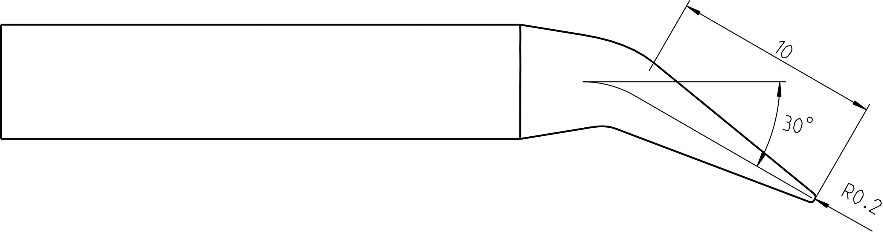 Disegno tecnico di un utensile da taglio con una curvatura di 30 gradi e una punta arrotondata con raggio 0,2.