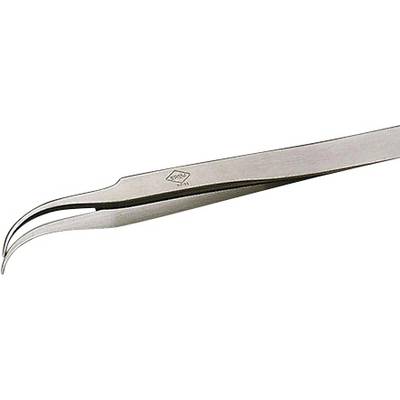 Pinzette di precisione in metallo con punta ricurva e appuntita mostrate su uno sfondo bianco.