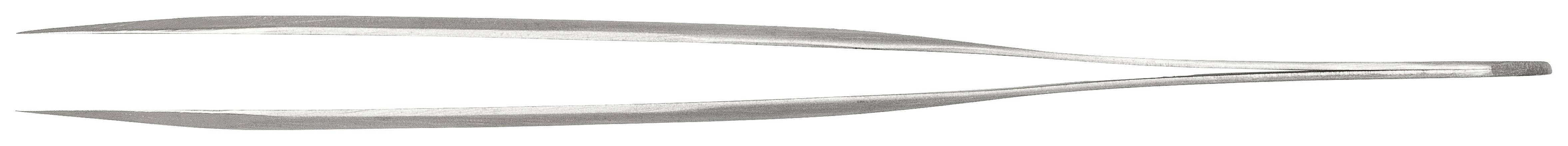 Pinzetta color argento con punte sottili, comunemente utilizzata per afferrare oggetti piccoli in applicazioni mediche o cosmetiche.